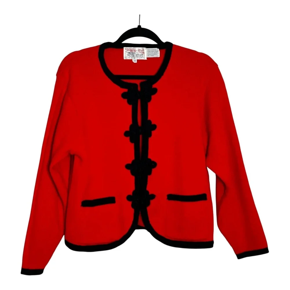 Vintage Tally-Ho Creation Red Black Knit Cardigan‎ Frog Closure Sweater Womens M